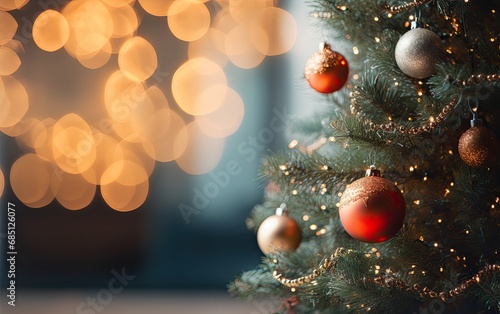 Decorated Christmas tree on a out of focus lights background with copy space
