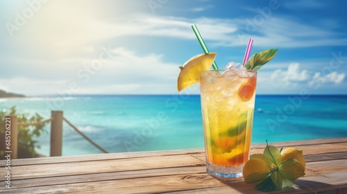 Glass with tropical cocktail and beautiful view of ocean as a background