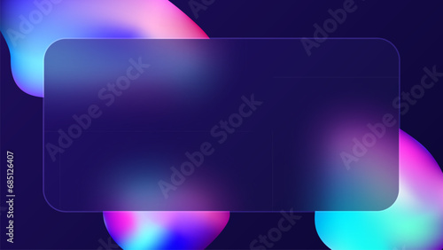Glassmorphism frames with bright neon liquid shapes on dark purple background. Transparent glass plates with floating shapes. Vector illustration