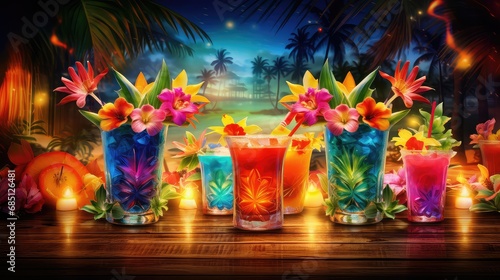 exotic tropical cocktail drink luau illustration design nature, paradise leaf, flamingo background exotic tropical cocktail drink luau