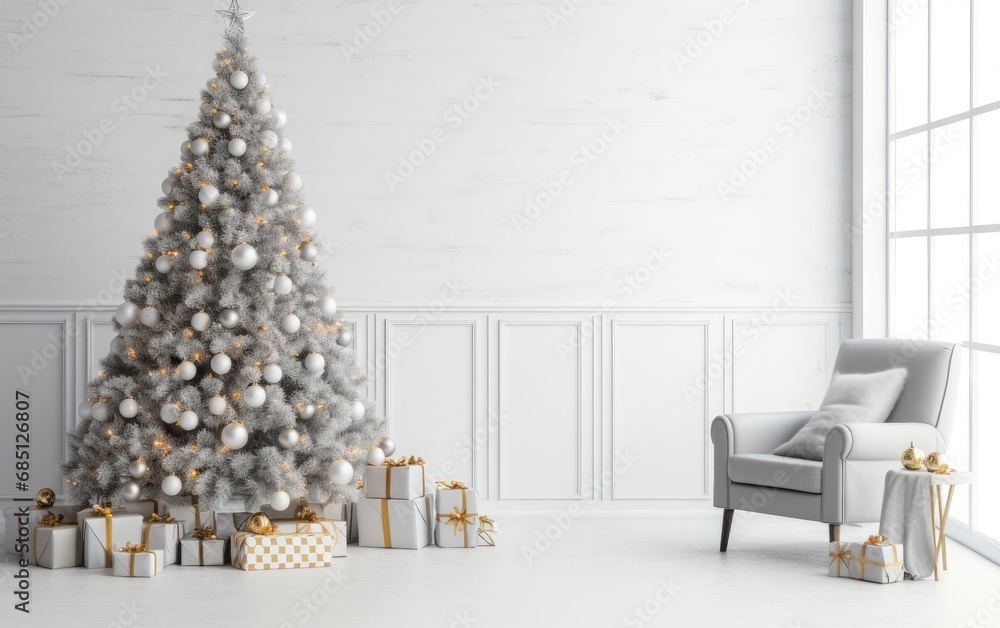 Grey modern living room with decorated Christmas tree and sofa during holiday times