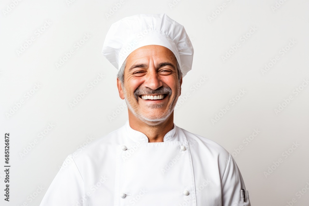 Happy chef in a white uniform and hat, confidently standing in a kitchen, exuding professionalism and friendliness with crossed arms. Happy chef in a white uniform and hat, confidently standing in a kitchen, exuding professionalism and friendliness with crossed arms.