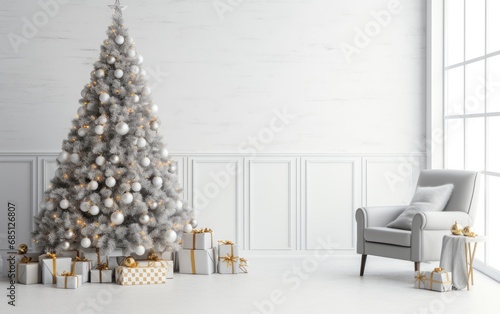 Grey modern living room with decorated Christmas tree and sofa during holiday times