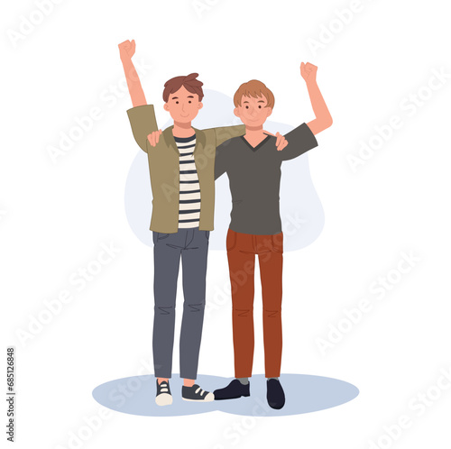 Two men, best friends embracing. Happy male characters, hugging together. Young smiling guys portrait. Friendship concept.