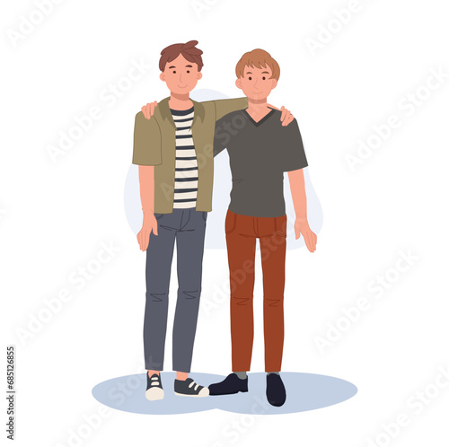 Two men, best friends embracing. Happy male characters, hugging together. Young smiling guys portrait. Friendship concept.