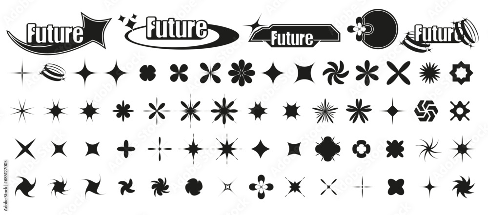 Fototapeta premium Assorted Collection of Vector Starbursts and Futuristic Shapes for Design Retrofuturistic, Y2K, rave trip Elements. Cyberpunk symbols, icons. emplates for notes, posters, banners, stickers.