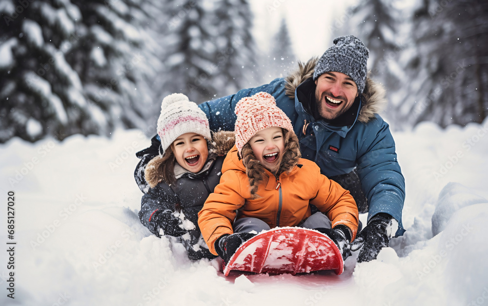 Father and two daughters ride together on a sled on a snowy slope and have fun, happy family and winter activity