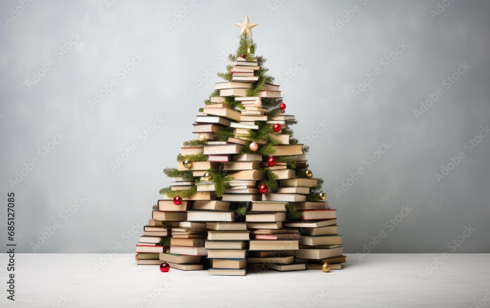 A Christmas tree crafted from neatly arranged hardcover books with gifts around on a grey background A Christmas tree crafted from neatly arranged hardcover books with gifts around on a grey background