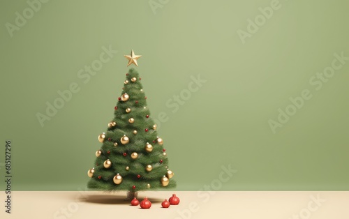 Cute decorated Christmas tree on a green background