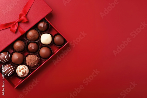 Valentines day chocolate candy in heart shaped box on red background. Sweets gift for birthday or Valentine's day. Banner. 14 February.