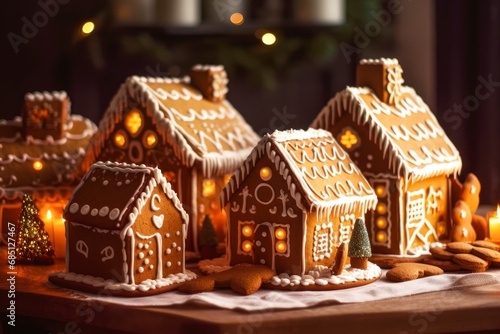 Gingerbread Houses with lights standing on a table. Created with Generative AI.