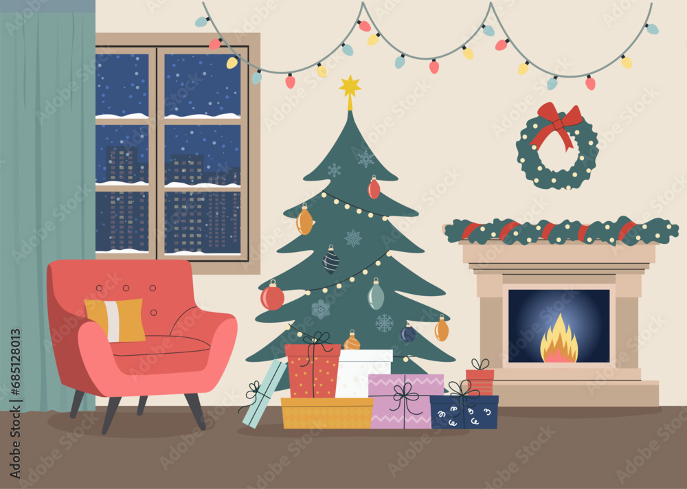 Christmas living room interior with fireplace.  Vector flat cartoon illustration