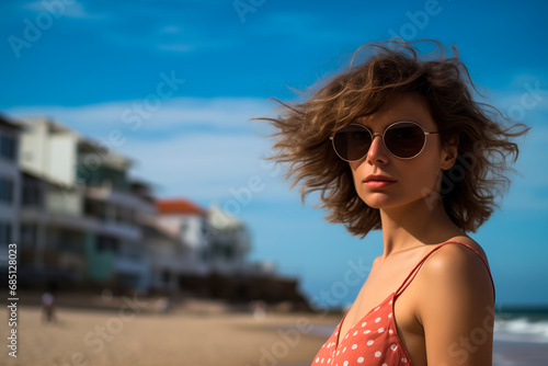 attractive European woman on the beach in red swimsuit. enjoying the sun. vacation paradise.