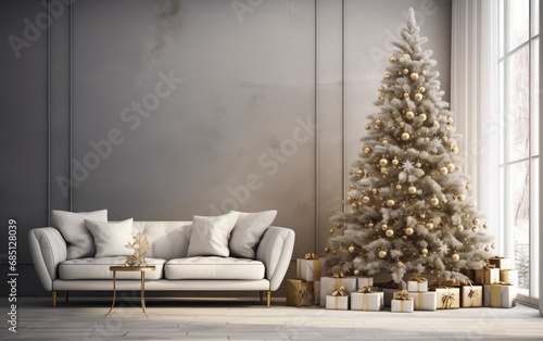 White modern living room with decorated Christmas tree and sofa during holiday times 