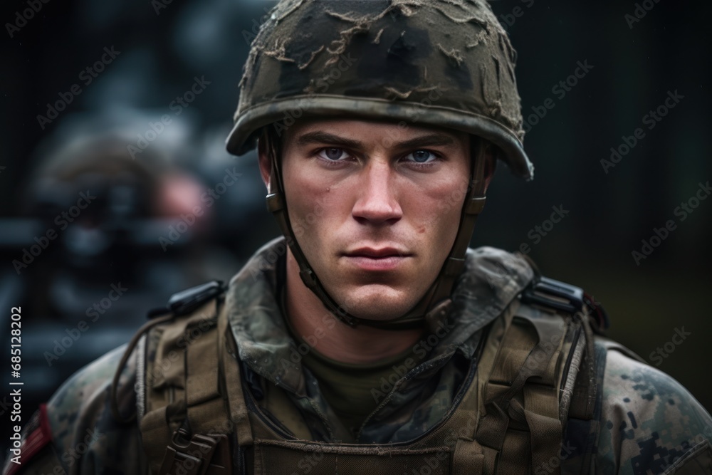 Soldier in helmet and military uniform at war, stern look. Portrait of army soldier in ranks. Close up. Copy space. Soldier in helmet and military uniform at war, stern look. Portrait of army soldier in ranks. Close up. Copy space.