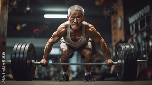 An elderly asian man doing a deadlift in a gym