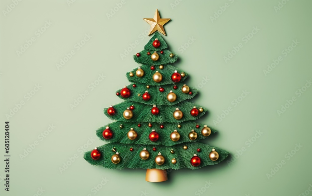 A handmade cute Christmas tree in a flat lay with an overhead shot on a green background A handmade cute Christmas tree in a flat lay with an overhead shot on a green background
