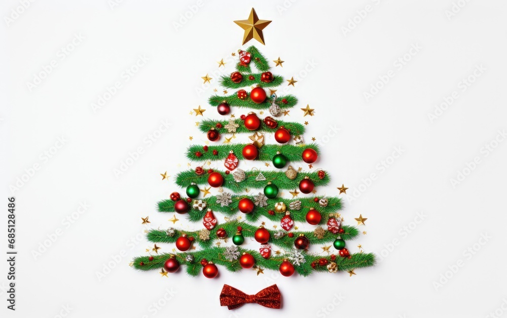 A handmade cute Christmas tree in a flat lay with an overhead shot on a white background 