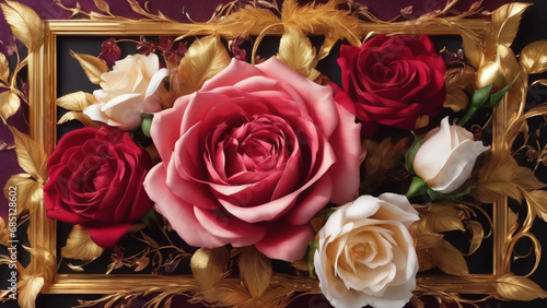 red rose white rose in golden frame valentine