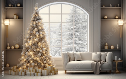 White modern living room with decorated Christmas tree and sofa during holiday times