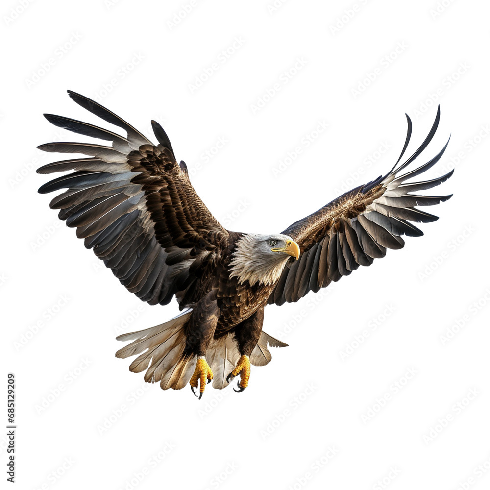 Obraz premium American bald eagle in flight on white background transparent background