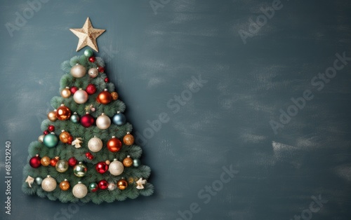 A handmade cute Christmas tree in a flat lay with an overhead shot on a green background