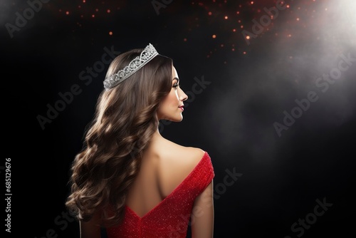 Beauty queen on the stage of a beauty pageant wearing a crown. Beauty queen wearing a tiara photo seen from behind photo