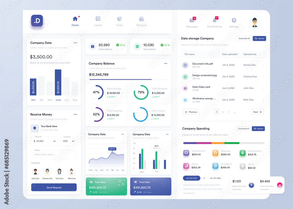 UI UX Infographic dashboard. UI design with graphs, charts and diagrams. Web interface template