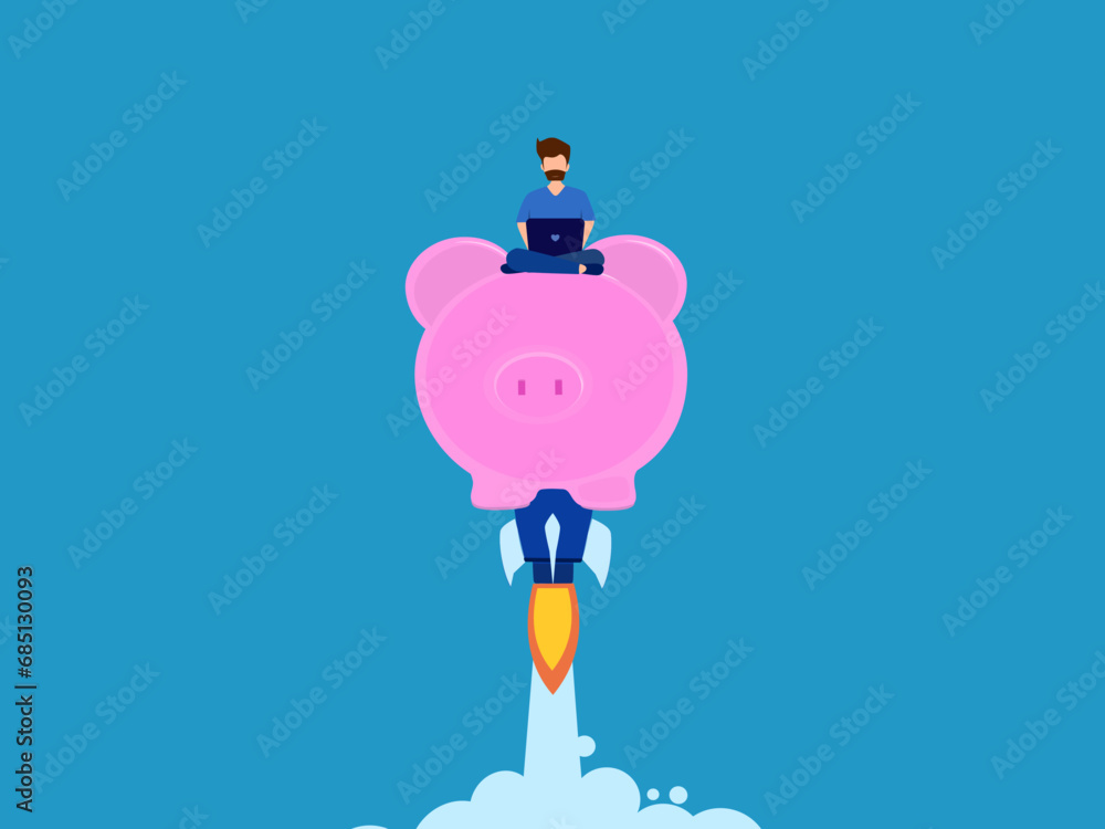 Savings and investments. man soars into the sky with a rocket piggy bank. Vector