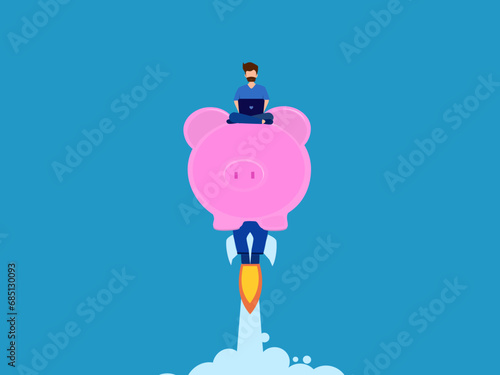 Savings and investments. man soars into the sky with a rocket piggy bank. Vector