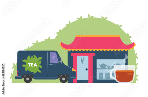 Tea cafe shop in Chinese style, delivery truck van and cup of tea vector illustration, transportation process production