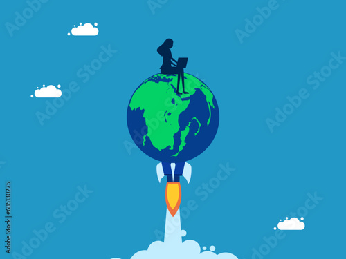 World business grows. Businesswoman working on rocket earth. Vector
