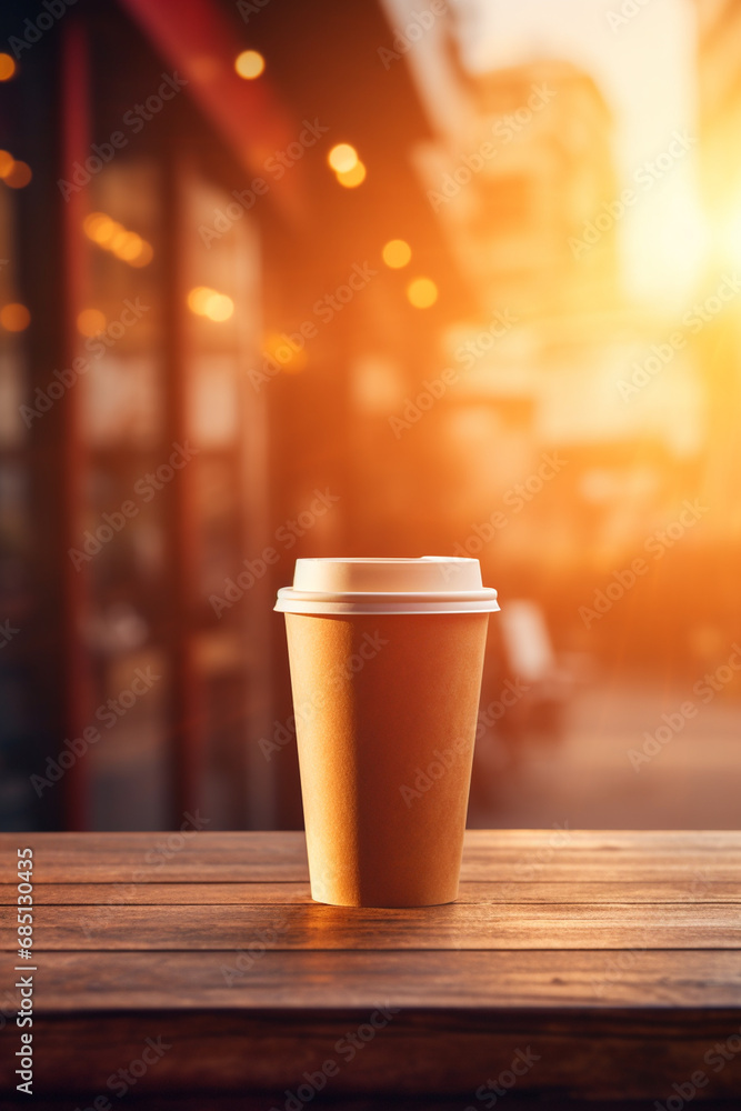 Mockup with a lid. A set of paper cups for coffee or tea on the background of nature.Generative AI Mockup with a lid. A set of paper cups for coffee or tea on the background of nature.Generative AI