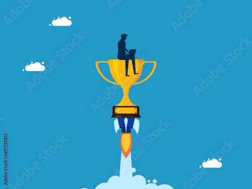 Excellent staff. Businessman working on rocket trophy vector © Nastudio