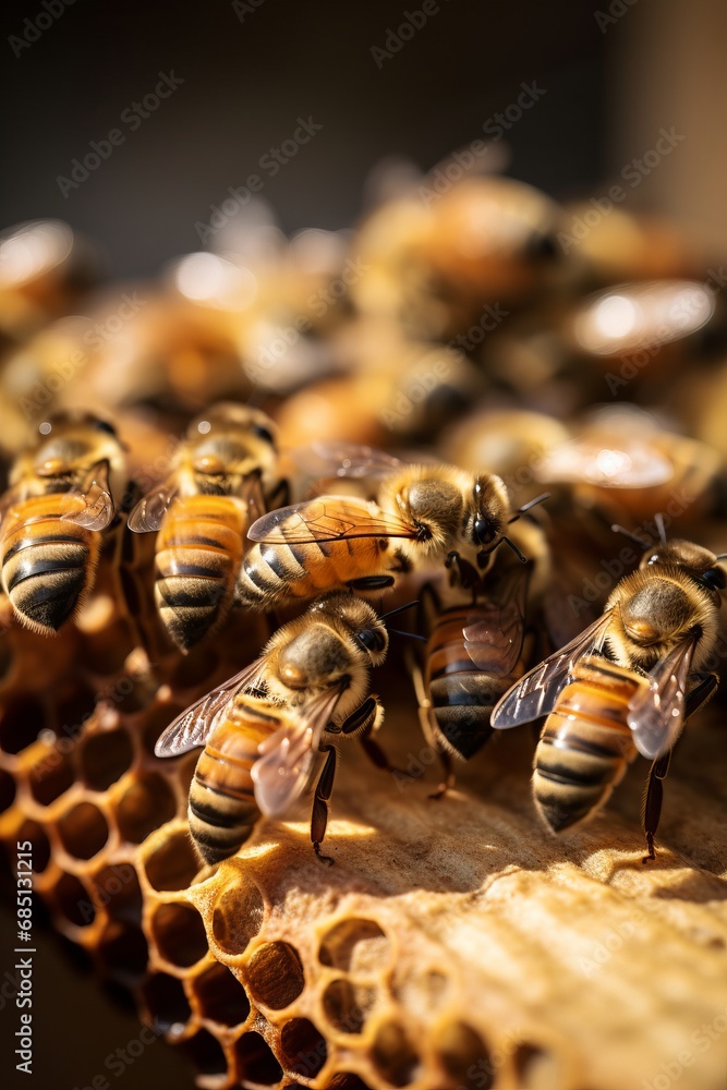 Macro shot of bees diligently working on honeycombs with honey, showcasing the intricate beauty of nature's pollination process. Macro shot of bees diligently working on honeycombs with honey, showcasing the intricate beauty of nature's pollination process.