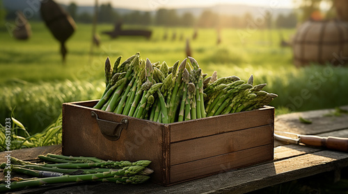 Organic asparagus in a wooden box on a field.Generative AI photo