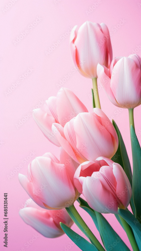 Naklejka premium Pink tulips on pink background. Bouquet of spring flowers.