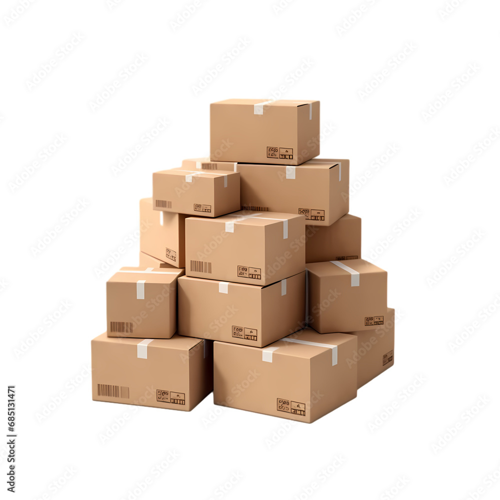 Stack of cardboard boxes isolated on transparent background