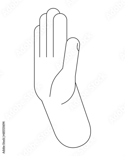 Hand say no cartoon human hand outline illustration. Setting boundaries 2D isolated black and white vector image. Refuse decline. Saying sorry. Turn down offer flat monochromatic drawing clip art