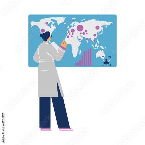 Woman scientist looks at the map, flat vector illustration on white