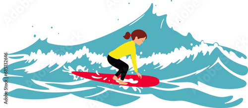 Surfing on a wave in the ocean. Surf rider on big waves. Surfer vector illustration design for t shirt print or club banner.