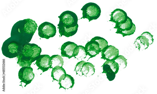Drawn dots with acrylic green paint on a white isolated background