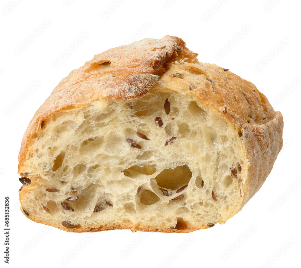 Cut piece of white wheat flour bread with flax seeds on a white isolated background Cut piece of white wheat flour bread with flax seeds on a white isolated background