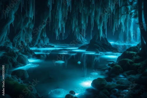  Imagine an otherworldly realm where bioluminescent flora intertwines with crystalline structures  casting an ethereal glow across a mystical landscape. 