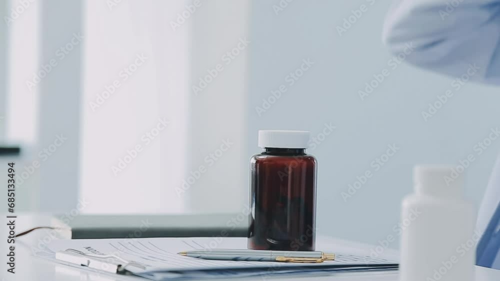 Asian caregiver nurse give consult to Caucasian senior woman patient. Attractive carer pharmacist hold medicine pills bottle, explain prescription to elderly mature grandmother in living room in house Asian caregiver nurse give consult to Caucasian senior woman patient. Attractive carer pharmacist hold medicine pills bottle, explain prescription to elderly mature grandmother in living room in house
