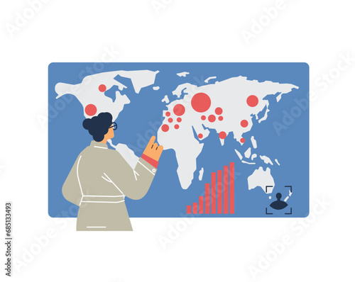 Scientist woman looks at the map, flat vector illustration on white