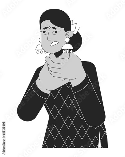 Adult indian woman throat feeling tight black and white 2D line cartoon character. Trouble swallow hindu female isolated vector outline person. Anaphylactic shock monochromatic flat spot illustration
