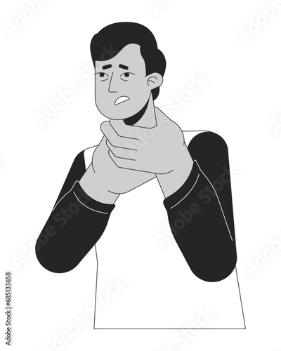 Allergy sore throat indian man black and white 2D line cartoon character. South asian guy trouble breathing isolated vector outline person. Allergic reaction monochromatic flat spot illustration