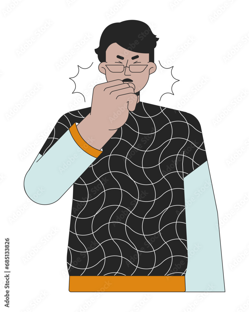 Arab eyeglasses man coughing asthma 2D linear cartoon character. Seasonal pollen suffer male middle eastern isolated line vector person white background. Allergy bronchial color flat spot illustration Arab eyeglasses man coughing asthma 2D linear cartoon character. Seasonal pollen suffer male middle eastern isolated line vector person white background. Allergy bronchial color flat spot illustration
