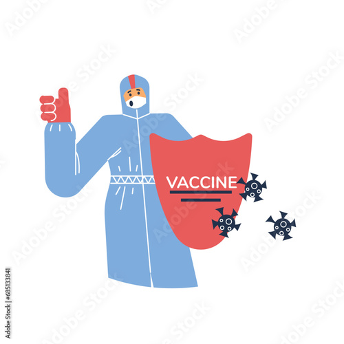 Virologist wearing protective clothes and mask with shield in hand.